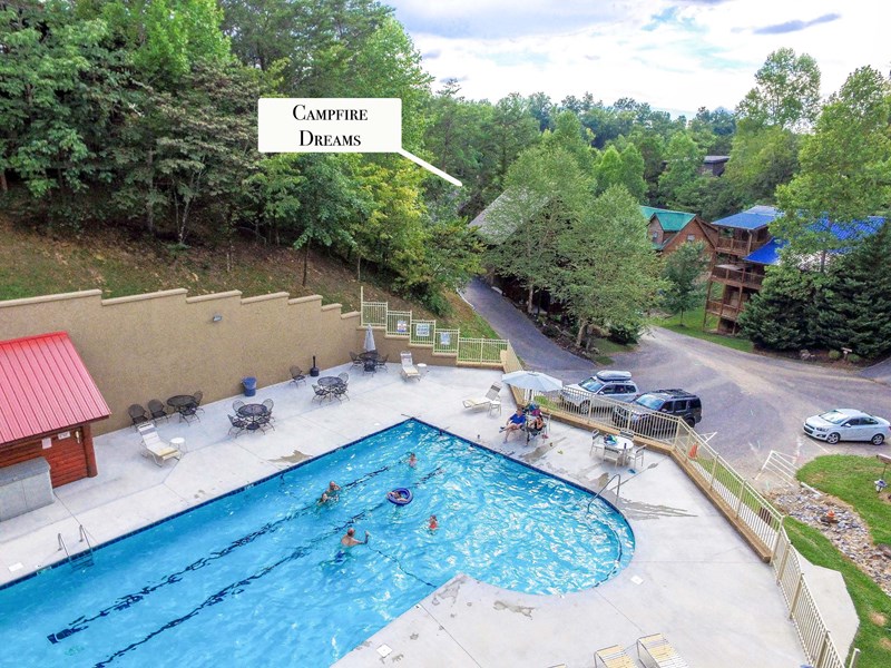 Aerial view of pool next to Campfire Dreams
