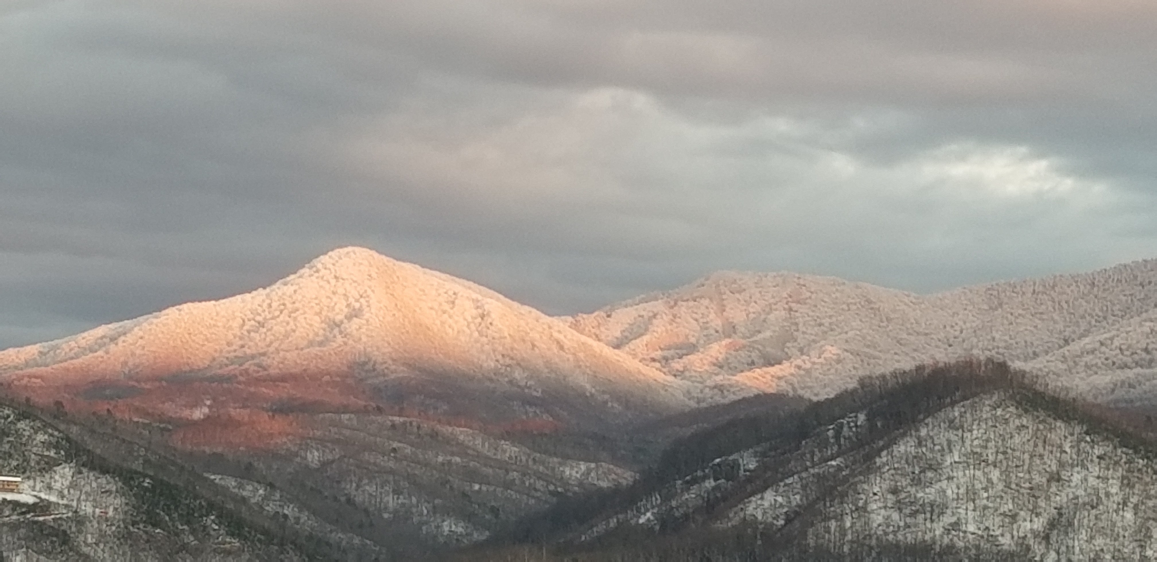 Sunset View of Mt. Leconte from Gatlinburg Bypass after snow